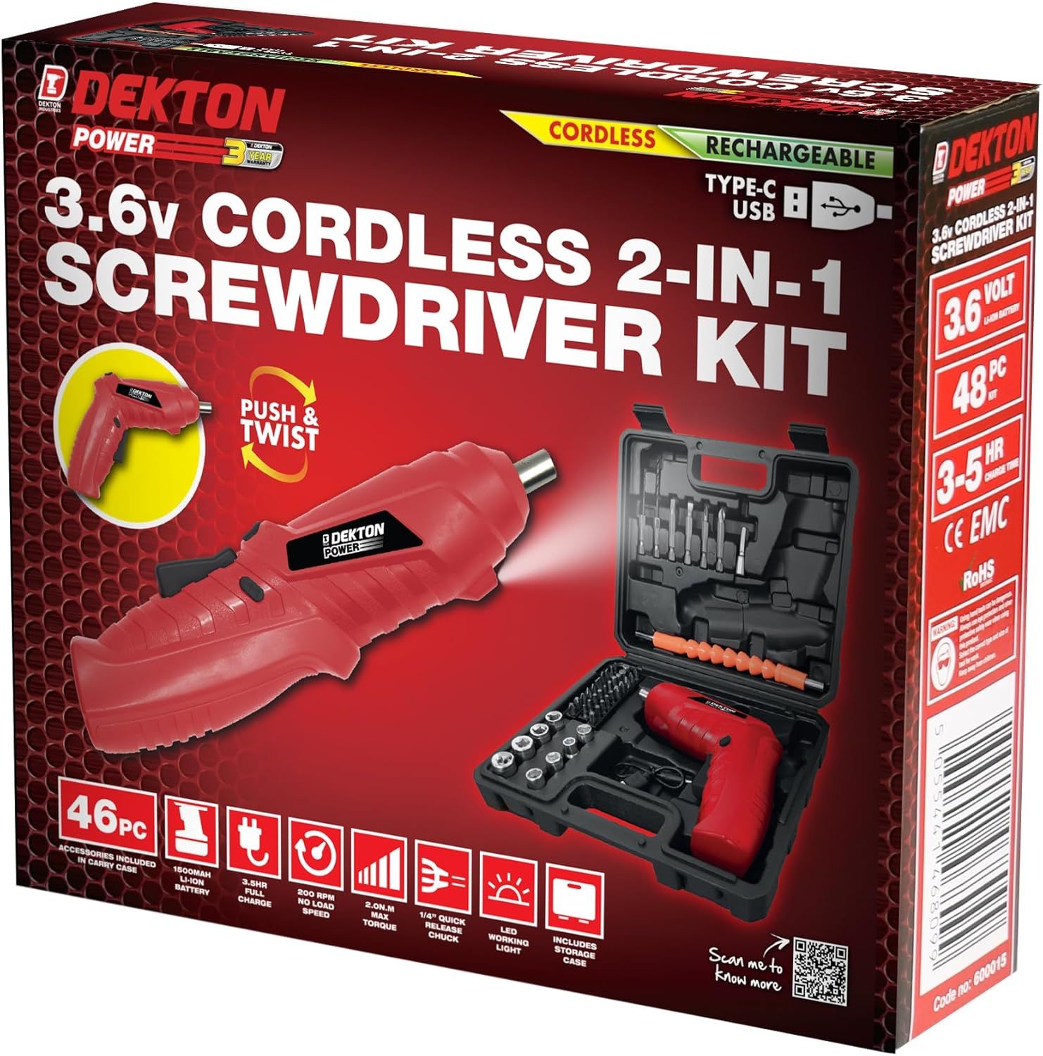 DEKTON VDE Cordless 3.6v Li-Ion Mini Electric Screwdriver Set – 48pcs with USB-C Rechargeable Battery, 200rpm, Led Light, 1/4" Quick Release Chuck, Storage Case &amp; Flexible Shaft