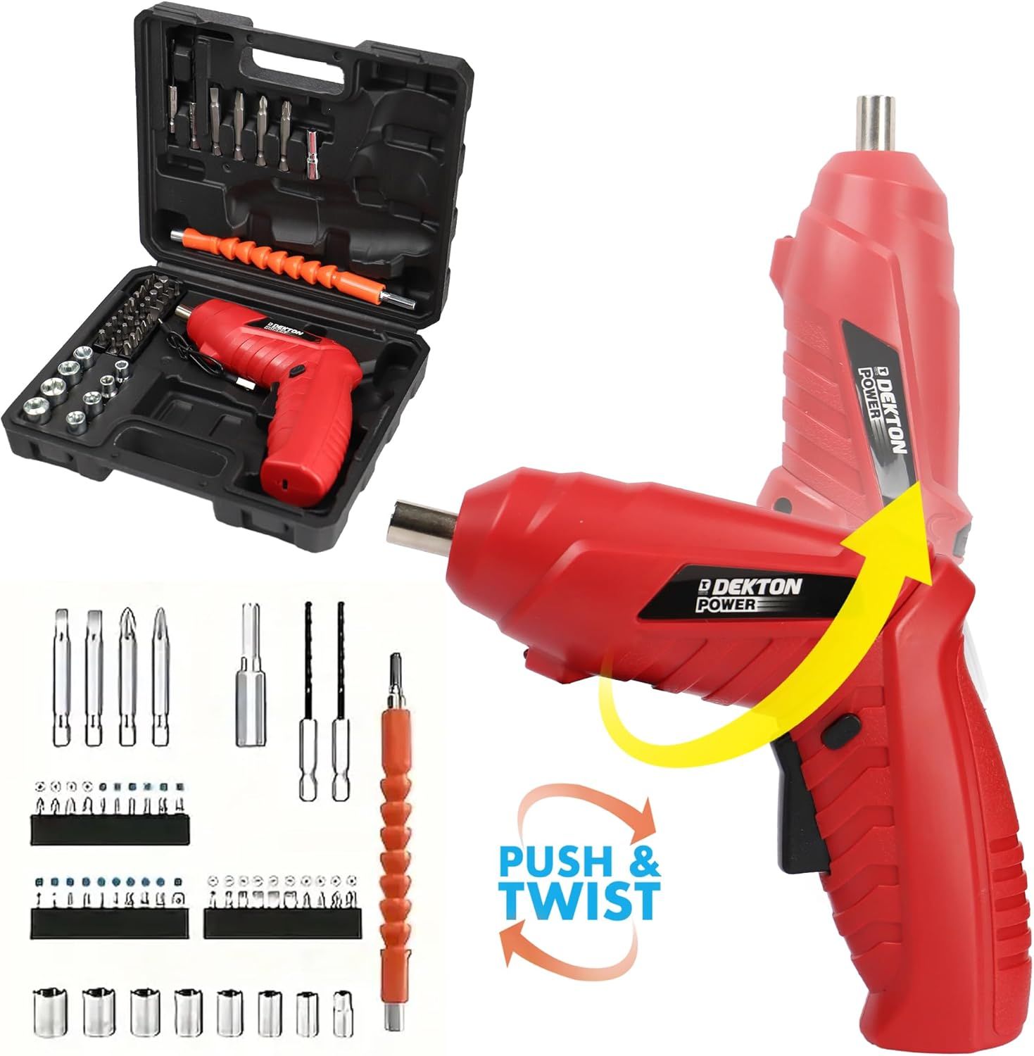 DEKTON VDE Cordless 3.6v Li-Ion Mini Electric Screwdriver Set – 48pcs with USB-C Rechargeable Battery, 200rpm, Led Light, 1/4" Quick Release Chuck, Storage Case &amp; Flexible Shaft