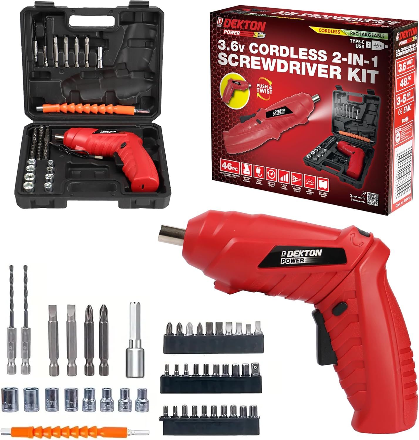 DEKTON VDE Cordless 3.6v Li-Ion Mini Electric Screwdriver Set – 48pcs with USB-C Rechargeable Battery, 200rpm, Led Light, 1/4" Quick Release Chuck, Storage Case & Flexible Shaft DEKTON VDE Cordless 3.6v Li-Ion Mini Electric Screwdriver Set – 48pcs with USB-C Rechargeable Battery, 200rpm, Led Light, 1/4" Quick Release Chuck, Storage Case & Flexible Shaft
