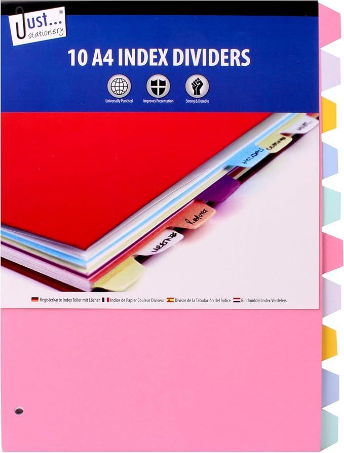 Just Stationery A4 Assorted Colour Index Dividers 10 Pack