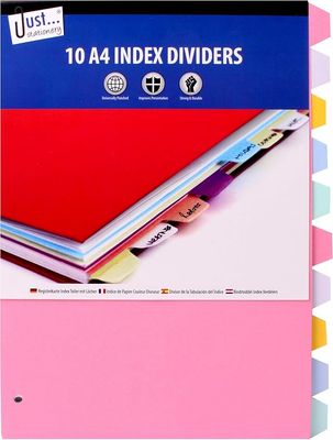 Just Stationery A4 Assorted Colour Index Dividers 10 Pack