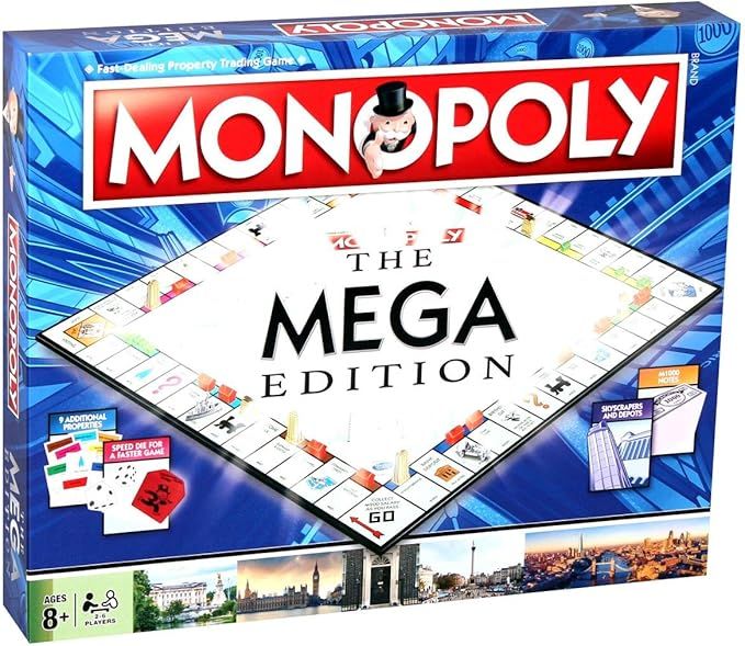 Winning Moves Mega Monopoly Board Game, 12 extra spaces including Downing Street, Saville Row and Knightsbridge, Invest in Skyscrapers, for ages 8 plus