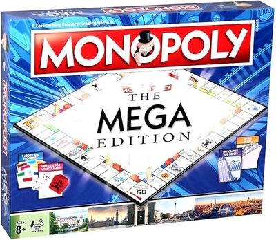 Winning Moves Mega Monopoly Board Game, 12 extra spaces including Downing Street, Saville Row and Knightsbridge, Invest in Skyscrapers, for ages 8 plus