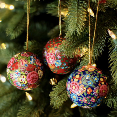 "Floral Kashmiri" Papier Mache Christmas Bauble Set of 3 DEC-GMDXM001