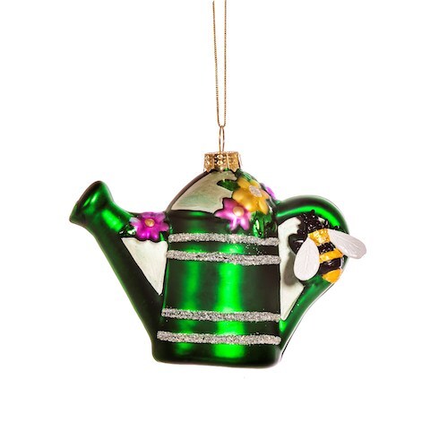 Green Watering Can with Bee Shaped Christmas Glass Bauble Green Watering Can with Bee Shaped Christmas Glass Bauble