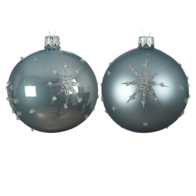 Misty Blue Glitter Star Glass Baubles - 8 cm Set of 6 KMG-150095-6SET