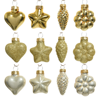 Mini Heart, Star, Pine Cone & Garland Glass Bauble Collection - Set of 12 KMG-12GLASSAST