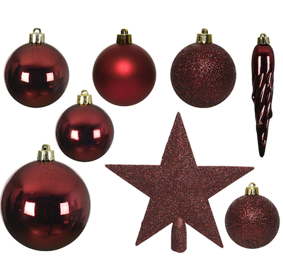 33 Oxblood Red Luxury Tree Decoration Set - Matte, Gloss, & Glitter Bauble Mix KMG-023373-OX33MIX