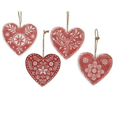 Nordic Heart Shaped Red & White Hanging Decorations - Set of 4 BOGOF Receive 8! DEC-KMG-520247