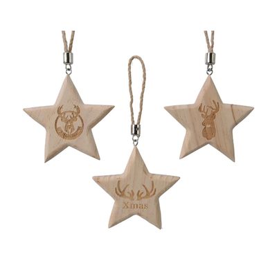 Stag Embossed Wooden Star Shaped Hanging Decorations - Set of 3 KMG-522528-STAGTRIO