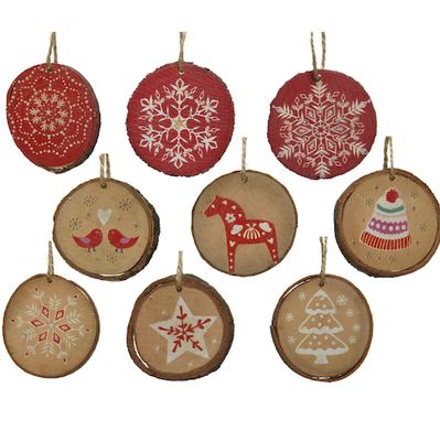 Nordic Art Inspired Festive Log Slice decorations - Set of 9 KMG-520405-LOGSLICE9