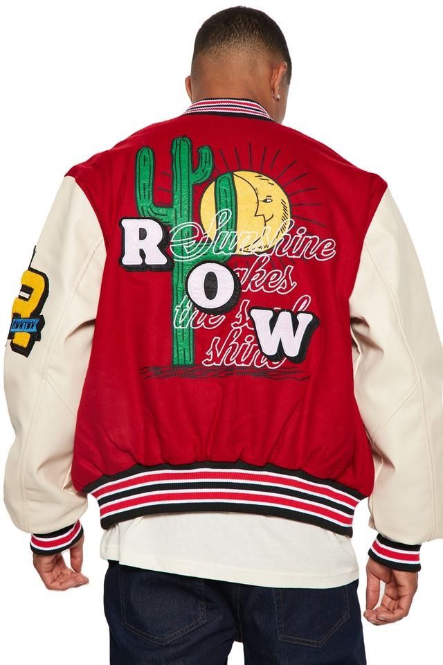 Sunshine Soul Varsity Jacket With Faux Leather Sleeves - Red