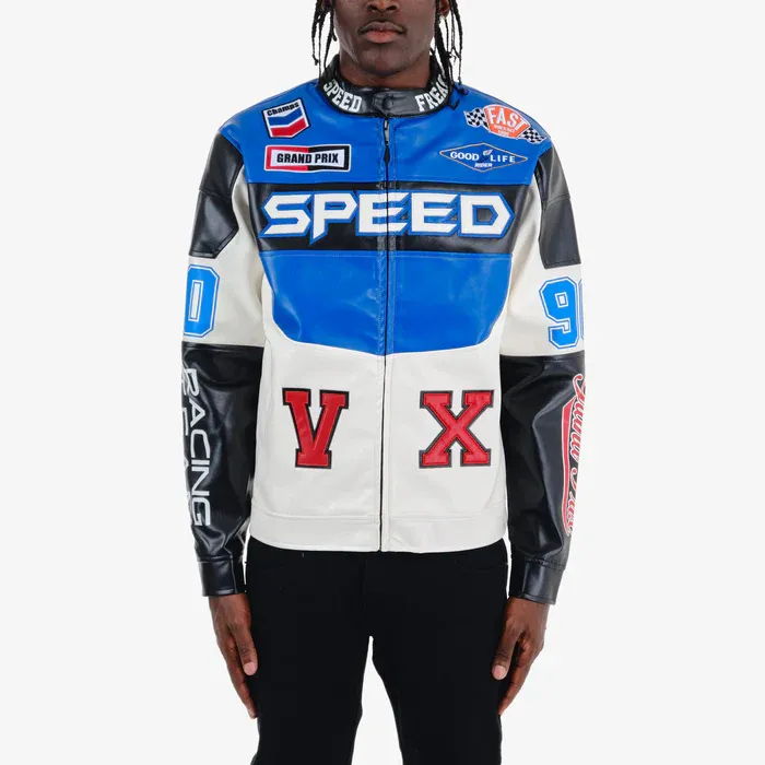 BLUE MOTO RACING LEATHER JACKET