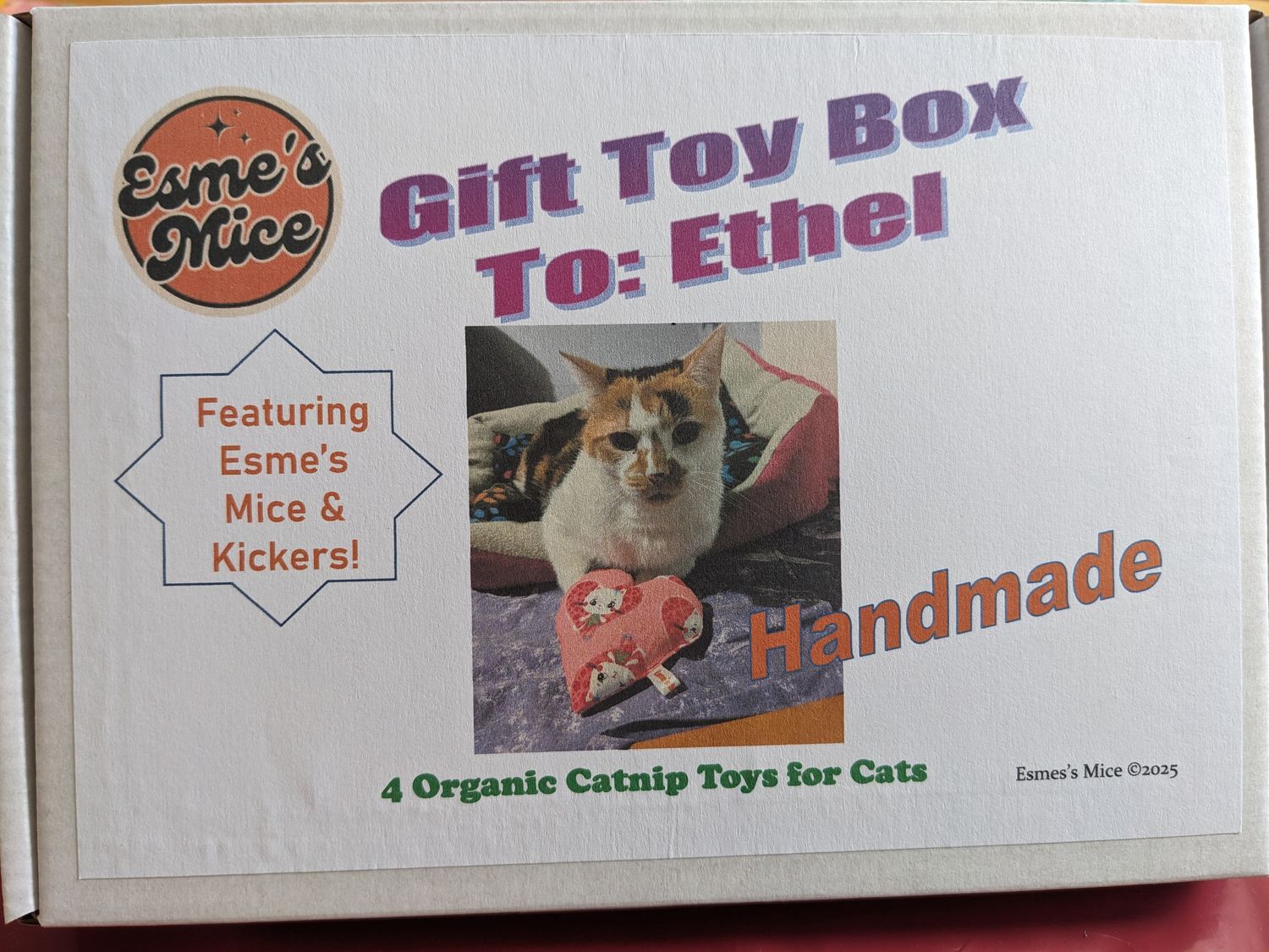 Esme&#39;s Mice Gift Toy Box 🎁 4 Organic Catnip Toys  2 x Mice 2 x Kickers £12.99 (personalised)