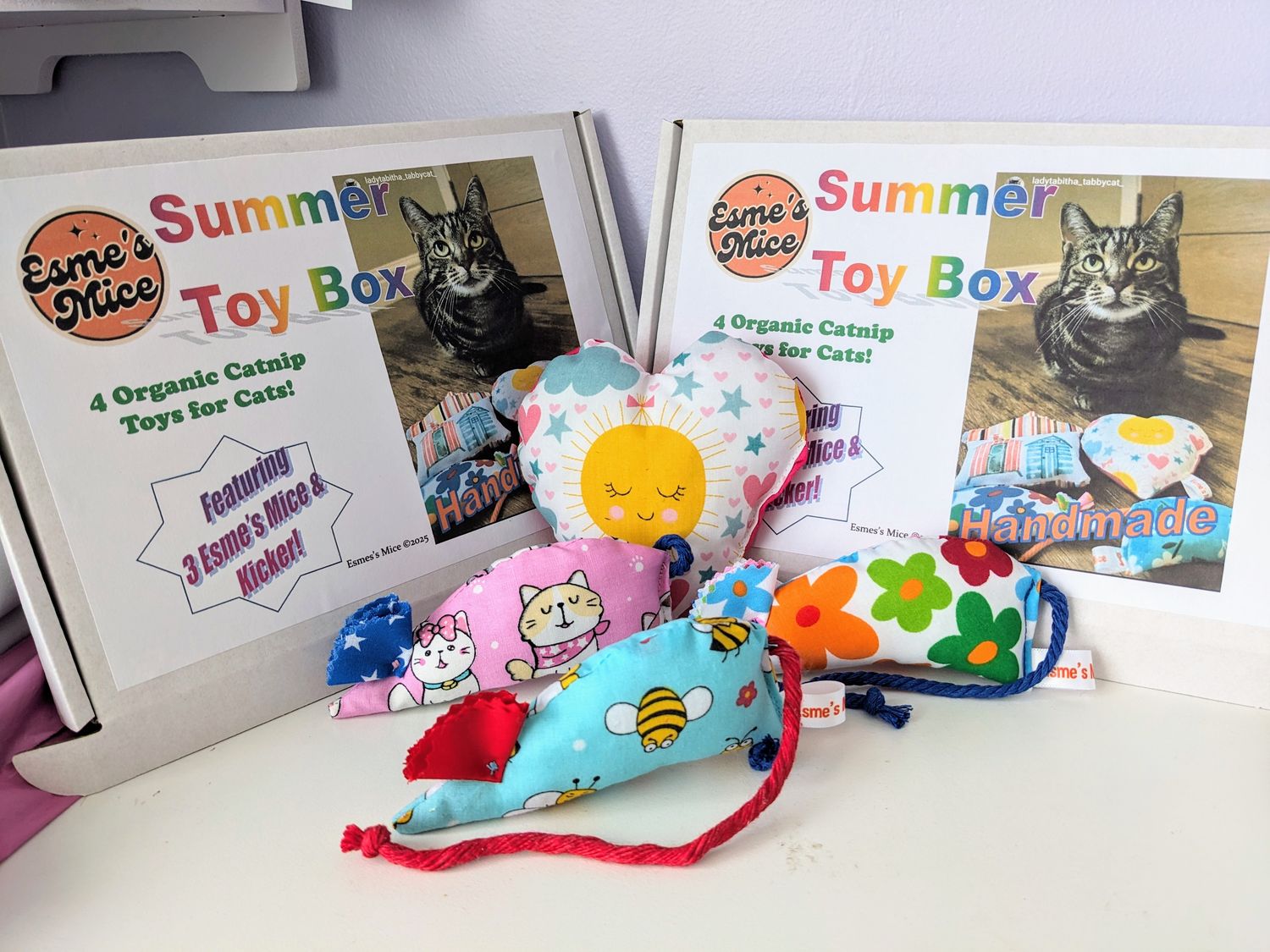 Esme&#39;s Mice Summer ⛱️ 🌞 Toy Box 🎁 4 Organic Catnip Toys £12.99