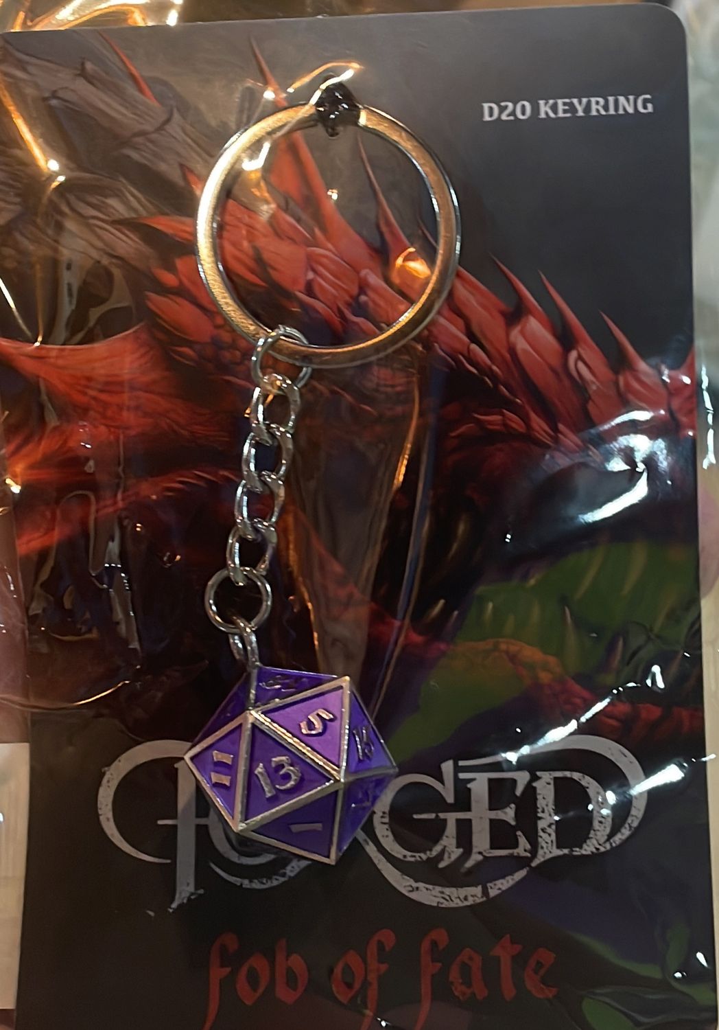 Fob of Fate D20 KeychainGuardian Silver and Purple