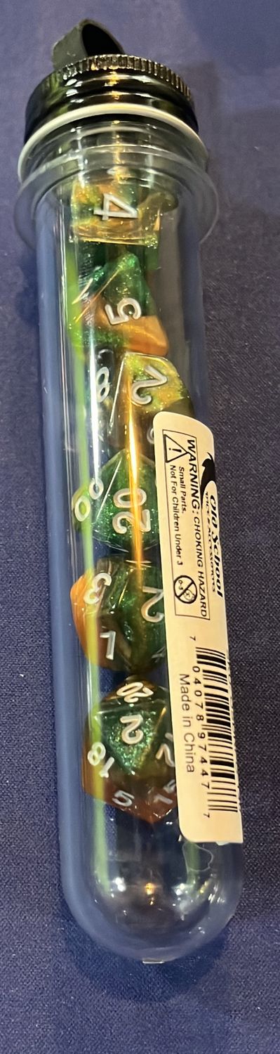 Old School Dice: Galaxy- Emerald and Orange