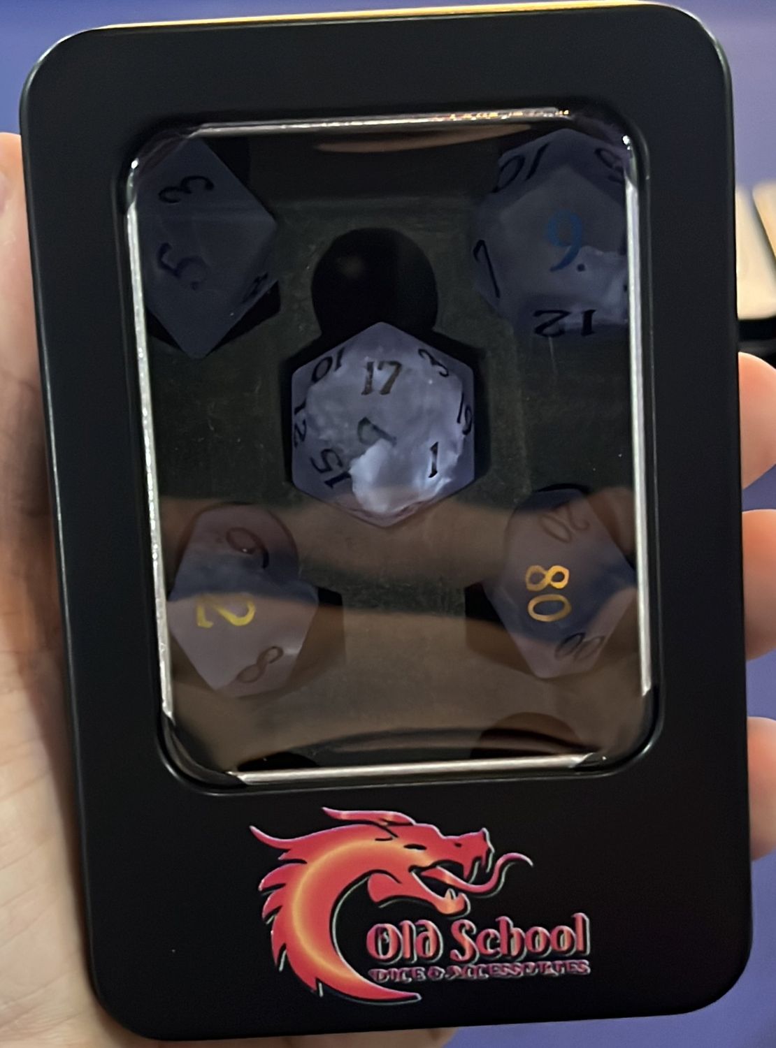 Old School Dice: Frosted Blast Glass Amethyst w/ Spectral Set