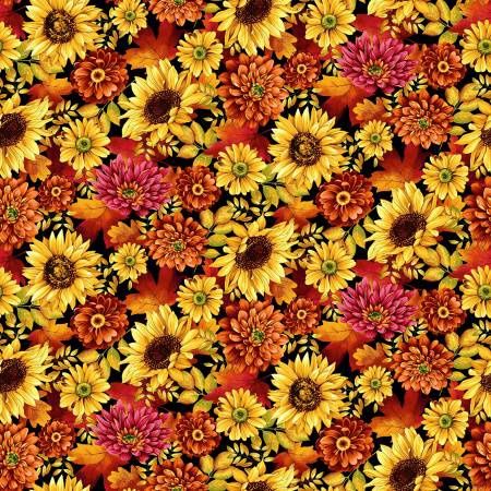 Seeds of Gratitude - Multi Flowers Allover on Black