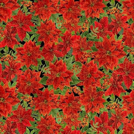 Holiday - Black Packed Poinsettas With Leaves w/Gold Metallic
