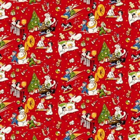My Childhood Christmas - Vintage Christmas Morning Scene on Red