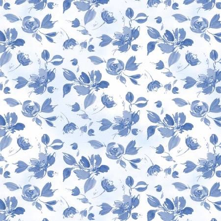 Dreaming In Blue - Tossed Flowers on White