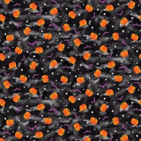Graveyard Ghouls - Tossed Pumpkins and Bats on Black Glow in the Dark