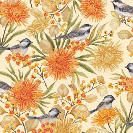 Chickadee Charm - Cream Large Birds &amp; Floral Allover