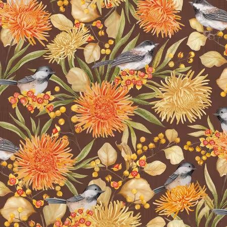 Chickadee Charm - Brown Large Birds &amp; Floral Allover