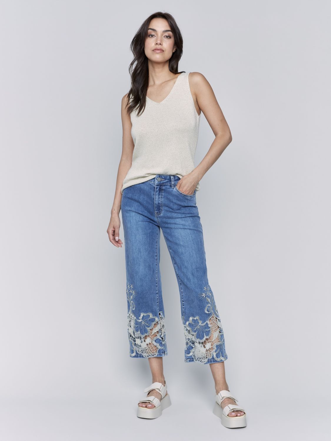 Charlie B. Flare Leg Pant with Laser Cut Lace