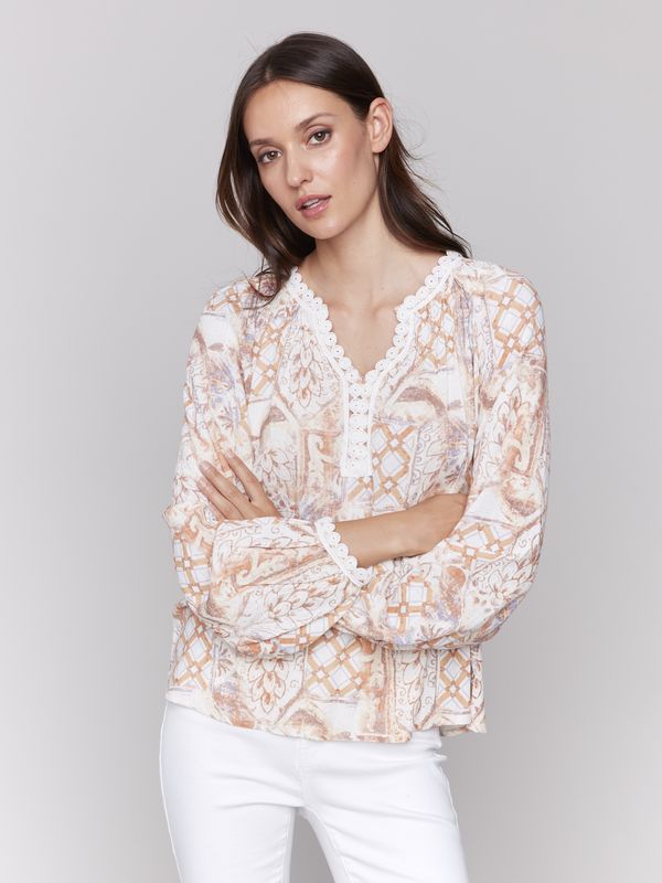 Printed Raglan Blouse with V-Notch Neckline