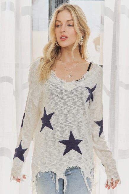 Star Print Distressed Top, Size: S, Colour: Off-White