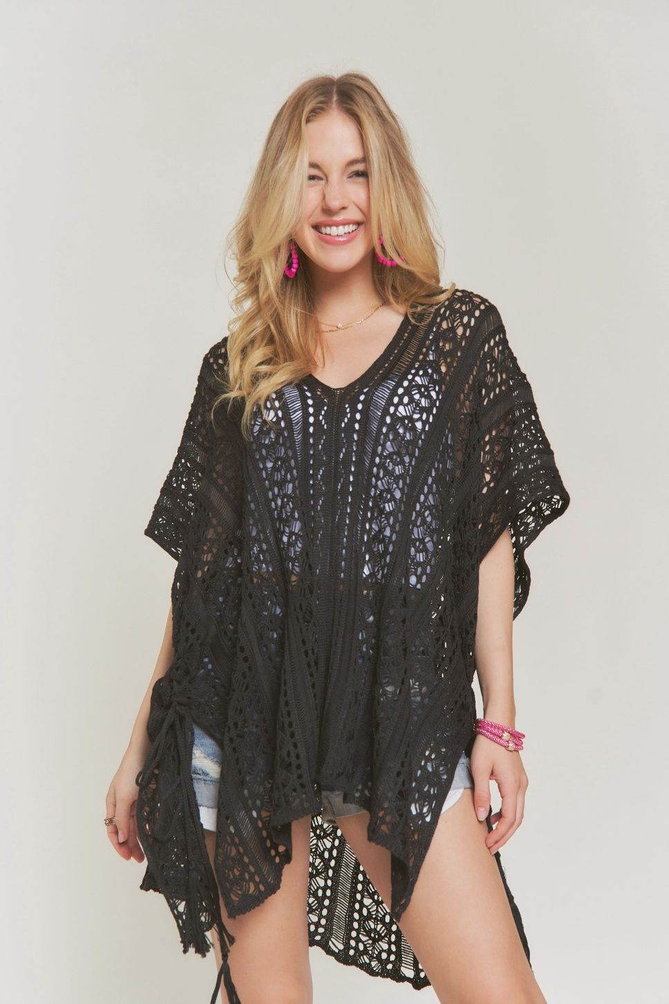 Crochet Poncho Tunic Top, Colour: Black