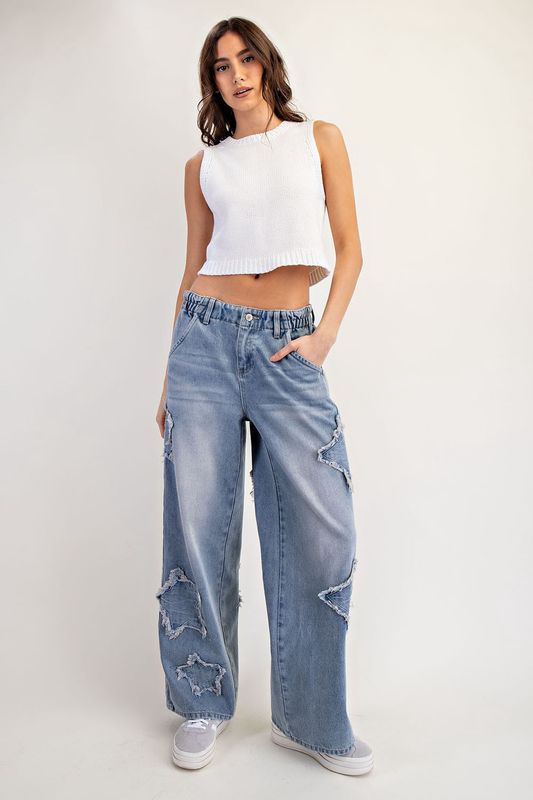 Frayed Star Patch Straight Leg Jeans