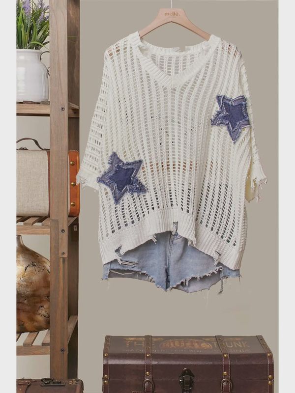 Distressed Star Knit Pullover