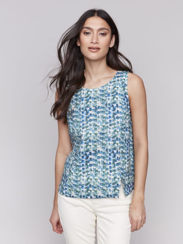 Sleeveless Printed Linen Blend Top with Slit