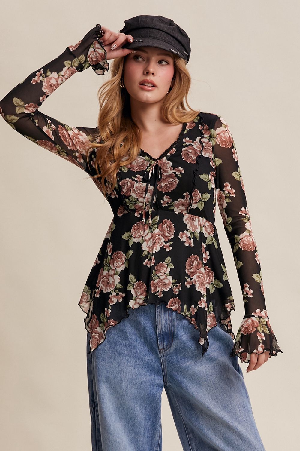 Floral Mesh Handkerchief Blouse