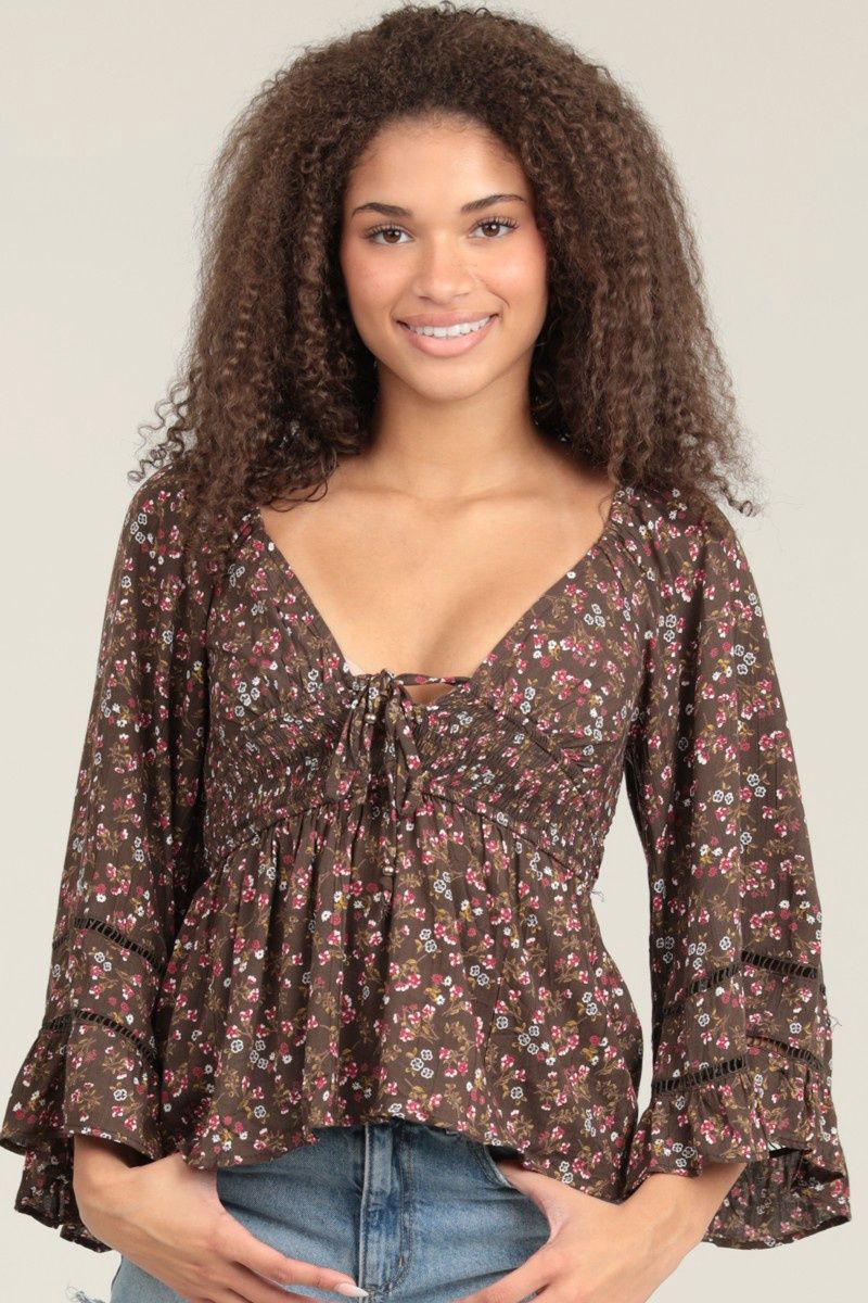 V Neck Lace Trim Bell Sleeve