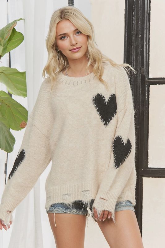 Long Sleeve Heart Patch Knit Sweater