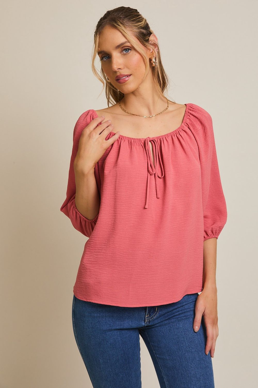 Round Neck 3/4 Sleeve Front Tie Top