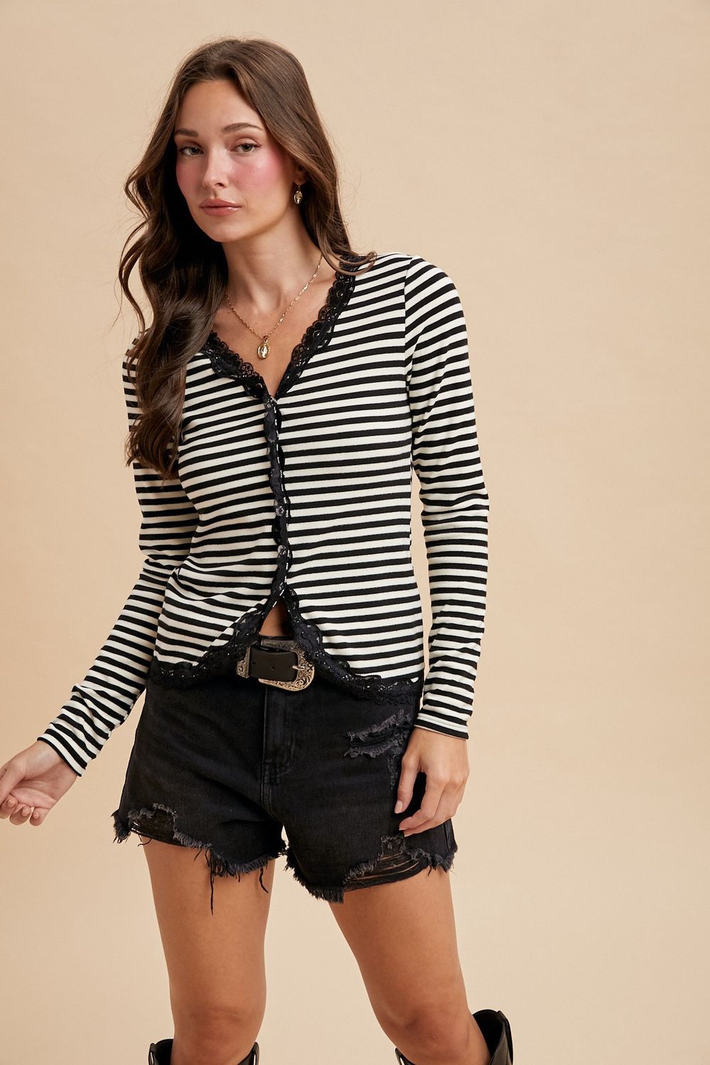 Lace Trim Ribknit Cardigan