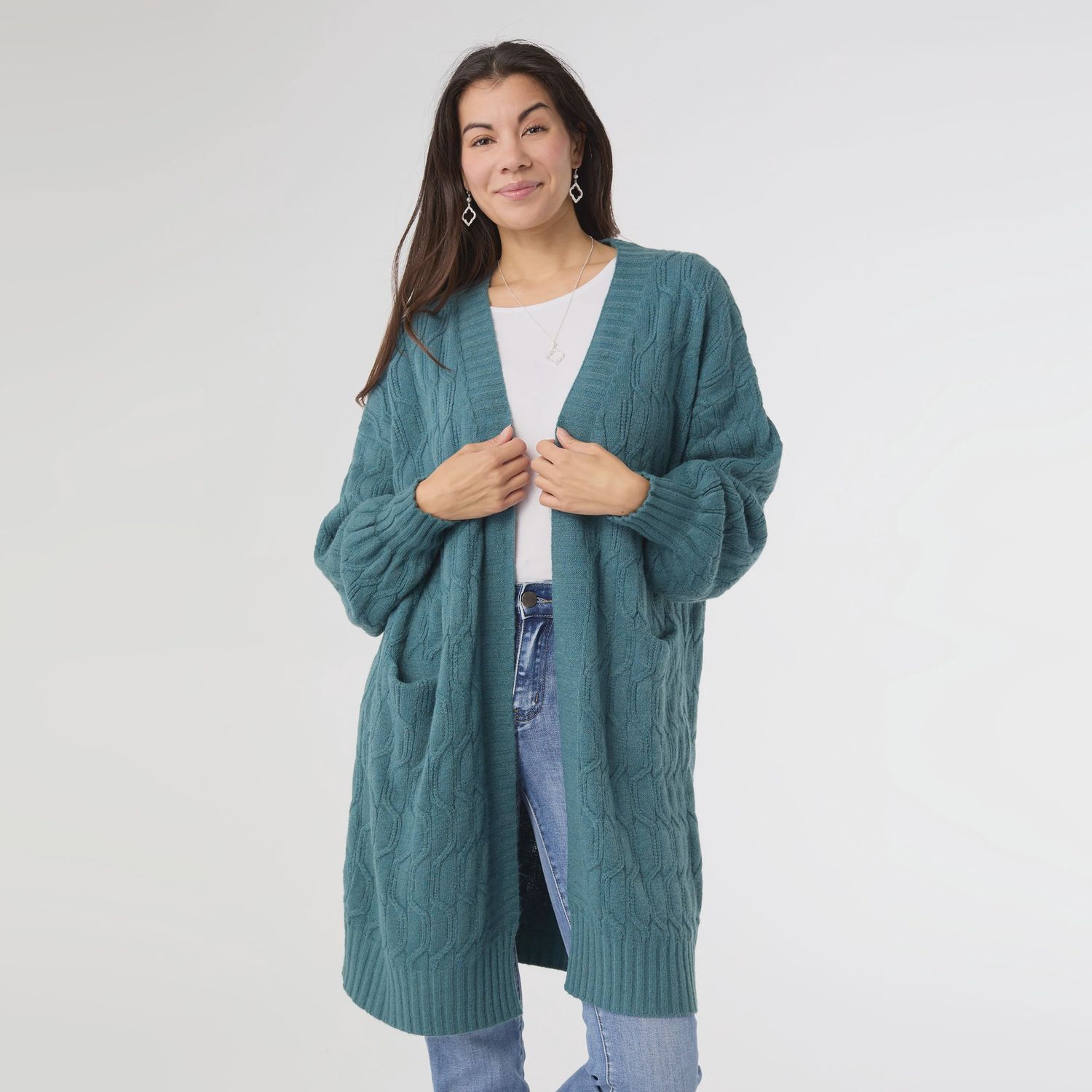 Summit Cable Knit Cardigan, Colour: Dark Teal, Size: XS