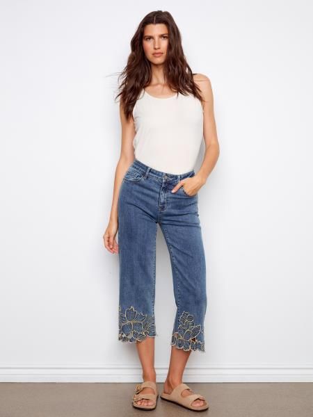Charlie B. Denim Pants With Flower Embroidery