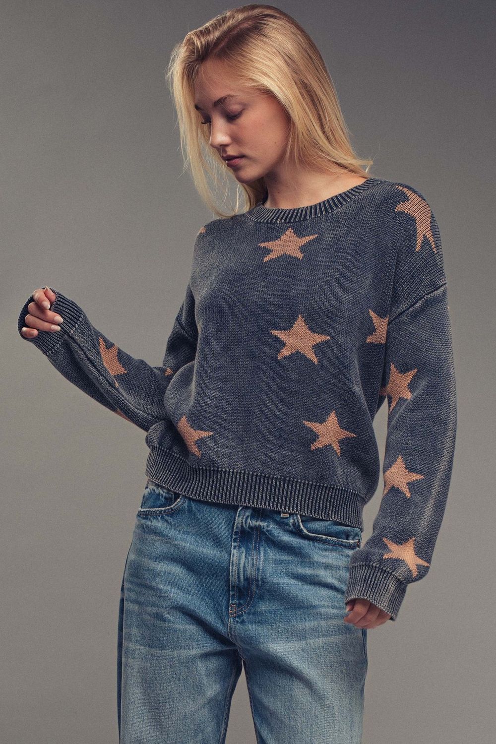 Mineral Wash Star Knit Sweater, Colour: Blue, Size: S