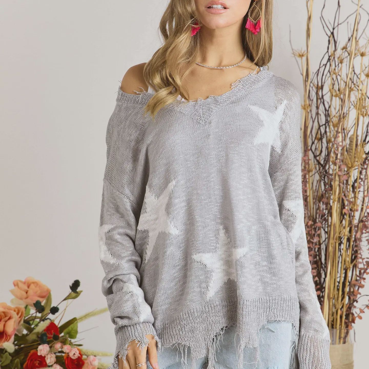Star Print Distressed Top, Colour: Grey, Size: S