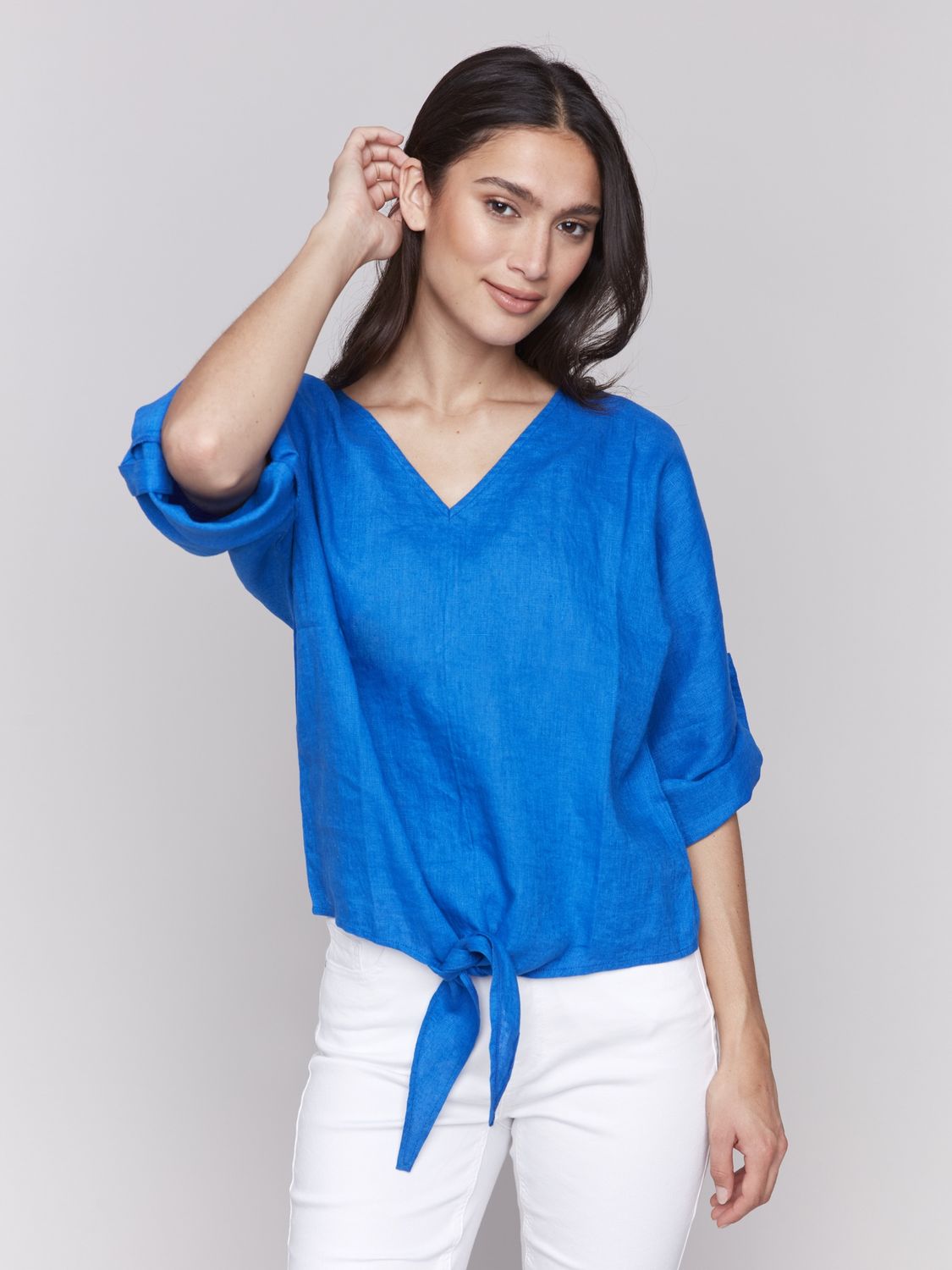 Linen Blend 3/4 Sleeve Top with  Front Tie, Colour: Coastal, Size: XS