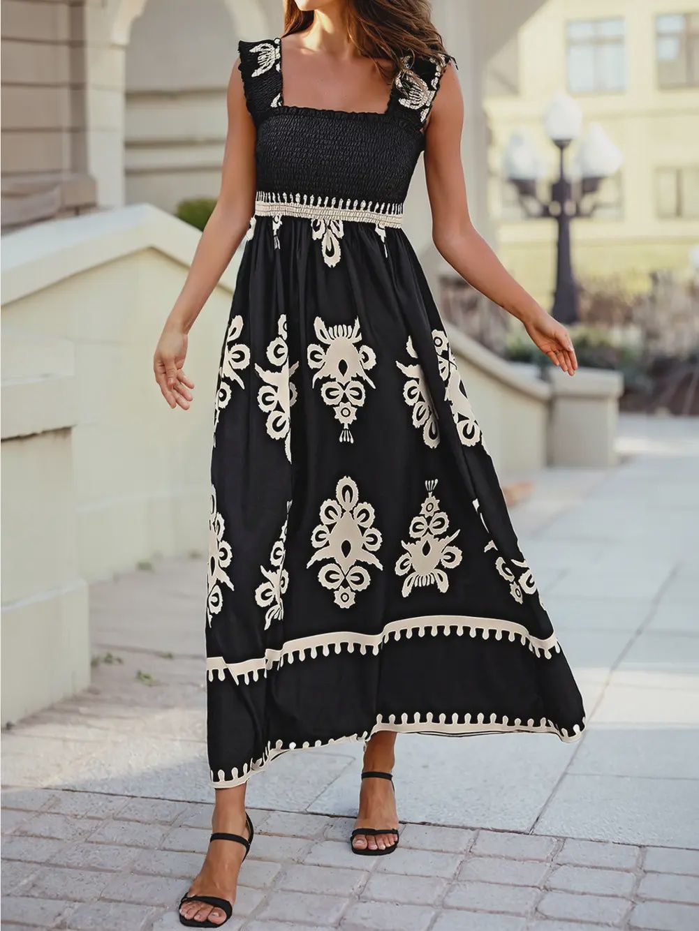 Geometric Printed Maxi Dress, Colour: Black, Size: S