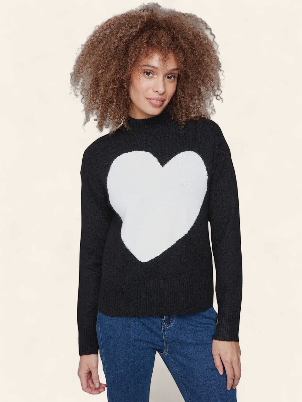 Intarsia Heart Mock Neck Sweater