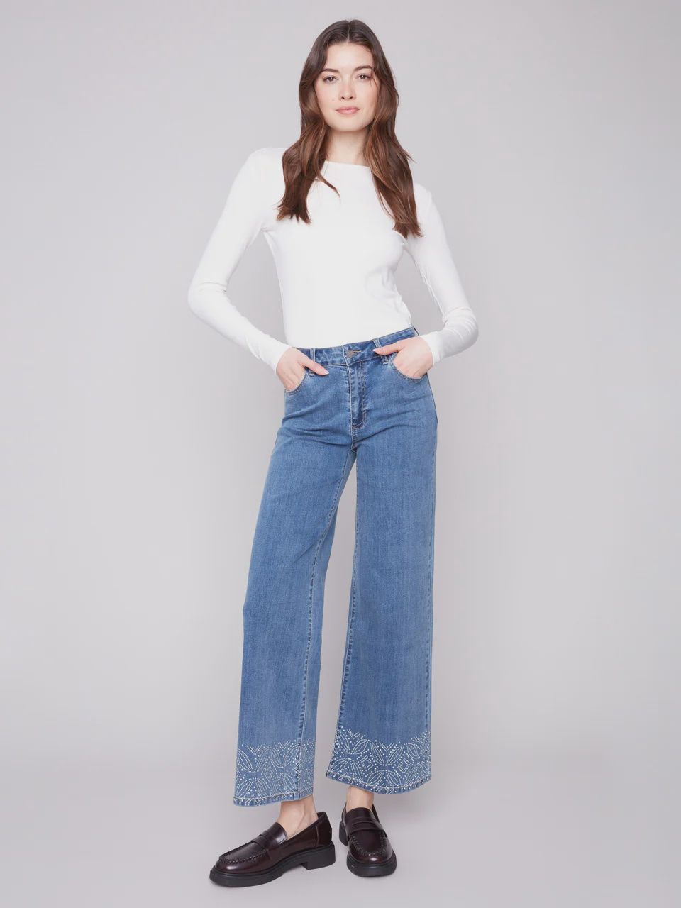 Wide Leg Jeans With Studded Hem