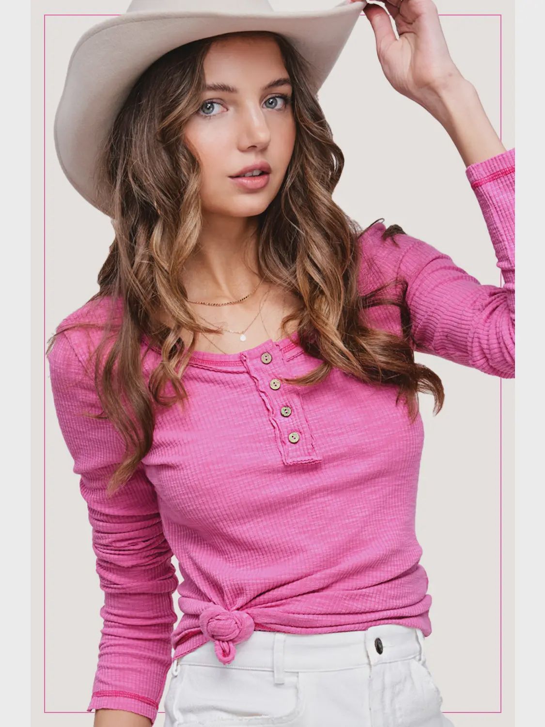Ribbed Henley, Colour: Hot Pink, Size: S